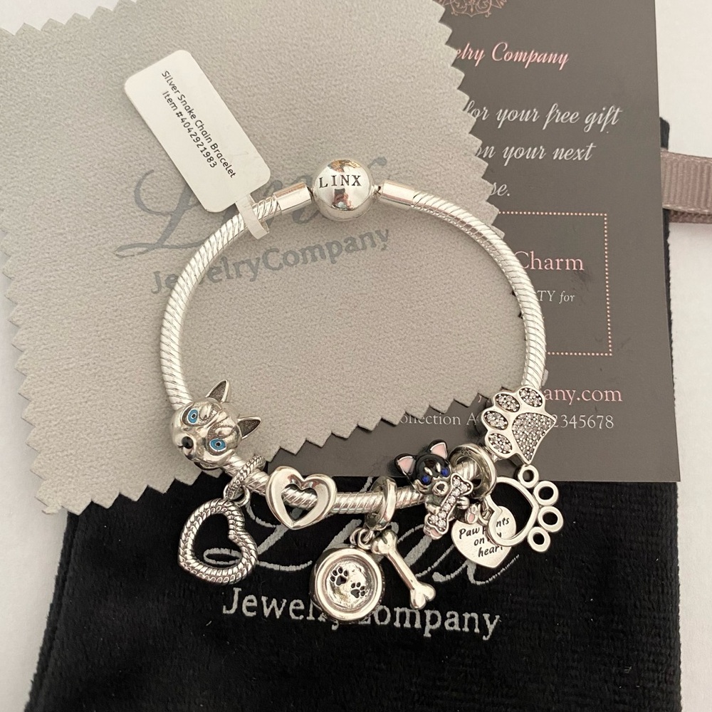 Linx Snake Chain Bracelet with Husky Dog Themed Charms 925 sterling silver